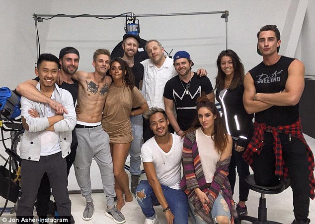 'My A*TEAM DELIVERED this weekend!' The I Want Candy hitmaker wrapped his new music video for a song called Fools Gold last weekend with his dancer girlfriend Lee Karis (4-L) and director Jon Asher (5-L)